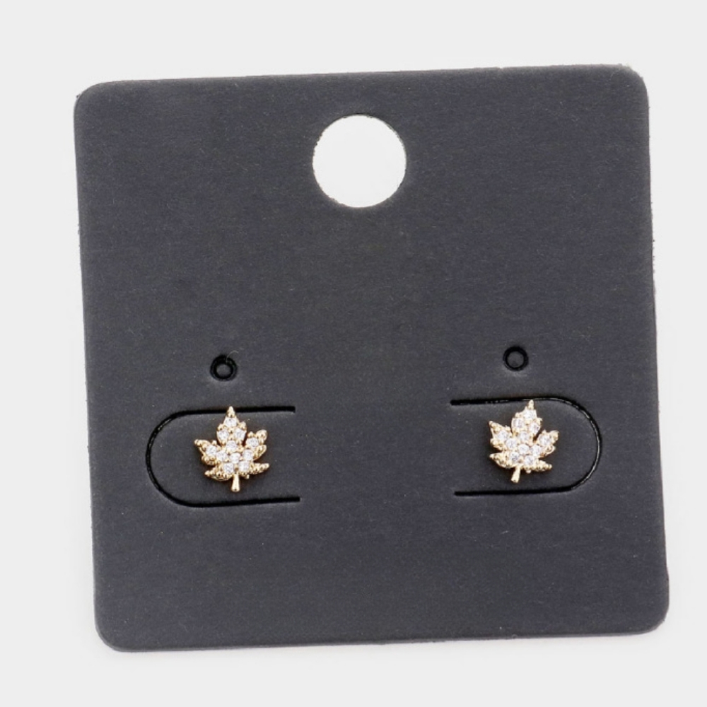 Gold Weed Cubic Zirconia Stud Earrings Fashion Statement Accessories Maple Leaf
